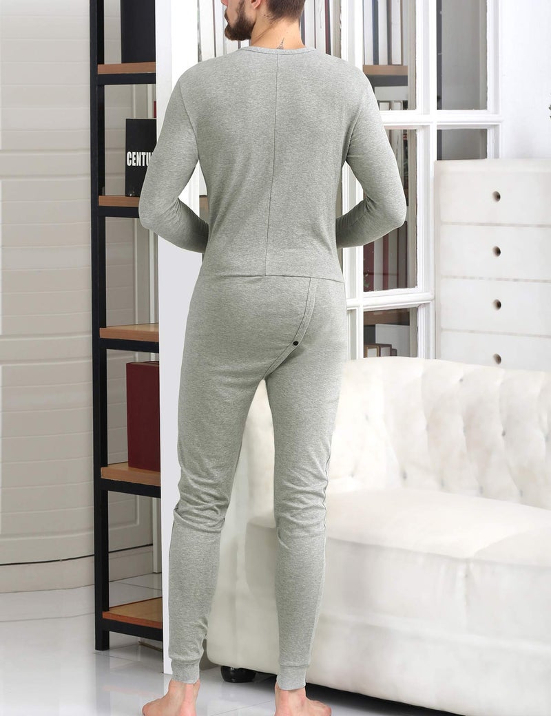 COLORFULLEAF Men's Cotton Thermal Underwear Union Suits Henley Onesies Base Layer (Grey, M) - Image 2